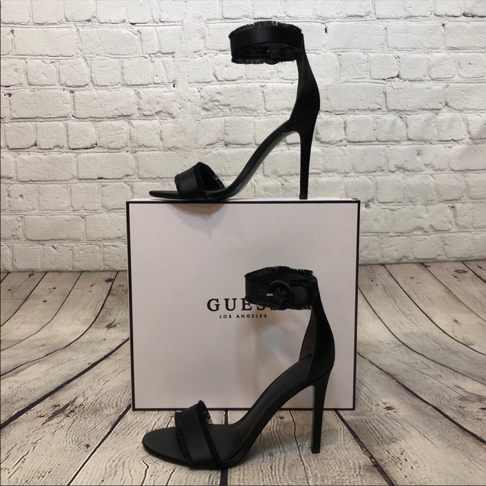 Size 10 Guess Pollee 3 Black Satin High Heels
